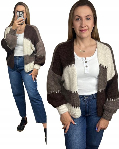 Sweter kardigan oversize bufiaste rękawy brąz czekolada beż wzorzysty - COLOR PATCH Sweter kardigan oversize bufiaste rękawy brąz czekolada beż wzorzysty - COLOR PATCH