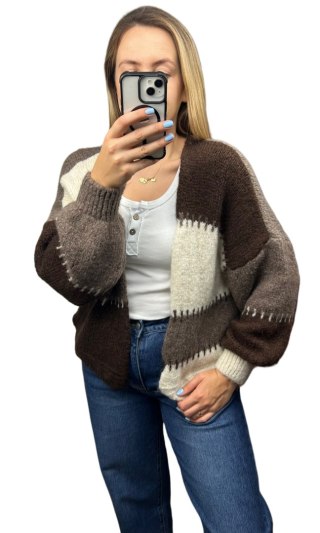Sweter kardigan oversize bufiaste rękawy brąz czekolada beż wzorzysty - COLOR PATCH