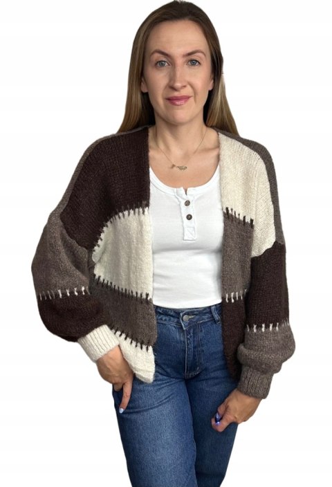 Sweter kardigan oversize bufiaste rękawy brąz czekolada beż wzorzysty - COLOR PATCH Sweter kardigan oversize bufiaste rękawy brąz czekolada beż wzorzysty - COLOR PATCH