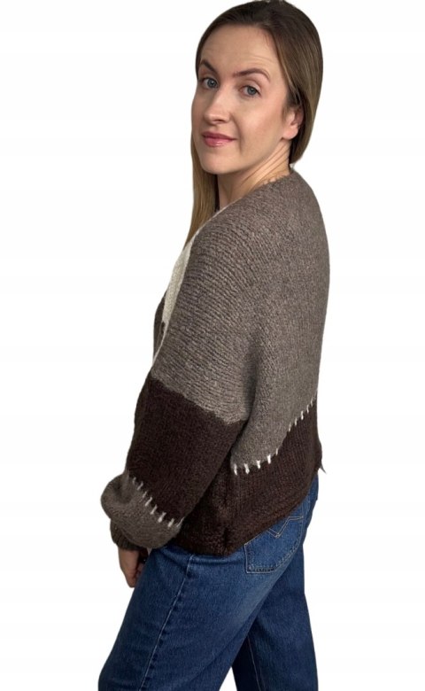 Sweter kardigan oversize bufiaste rękawy brąz czekolada beż wzorzysty - COLOR PATCH Sweter kardigan oversize bufiaste rękawy brąz czekolada beż wzorzysty - COLOR PATCH