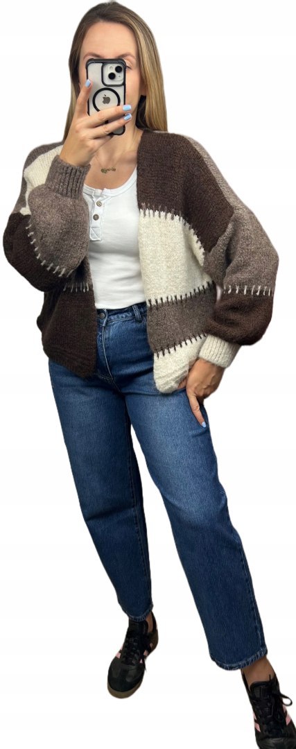 Sweter kardigan oversize bufiaste rękawy brąz czekolada beż wzorzysty - COLOR PATCH Sweter kardigan oversize bufiaste rękawy brąz czekolada beż wzorzysty - COLOR PATCH