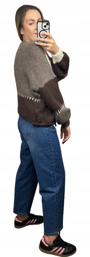 Sweter kardigan oversize bufiaste rękawy brąz czekolada beż wzorzysty - COLOR PATCH Sweter kardigan oversize bufiaste rękawy brąz czekolada beż wzorzysty - COLOR PATCH