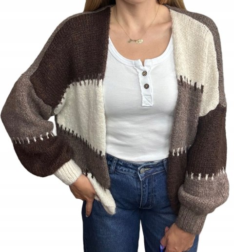Sweter kardigan oversize bufiaste rękawy brąz czekolada beż wzorzysty - COLOR PATCH Sweter kardigan oversize bufiaste rękawy brąz czekolada beż wzorzysty - COLOR PATCH