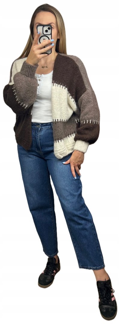 Sweter kardigan oversize bufiaste rękawy brąz czekolada beż wzorzysty - COLOR PATCH Sweter kardigan oversize bufiaste rękawy brąz czekolada beż wzorzysty - COLOR PATCH