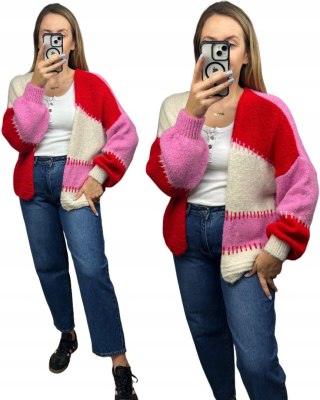 Sweter kardigan oversize bufiaste rękawy różowy czerwony śmietana wzorzysty - COLOR PATCH