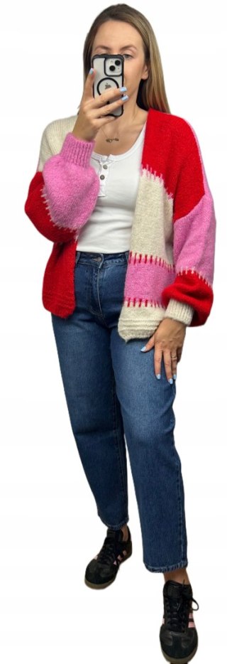 Sweter kardigan oversize bufiaste rękawy różowy czerwony śmietana wzorzysty - COLOR PATCH