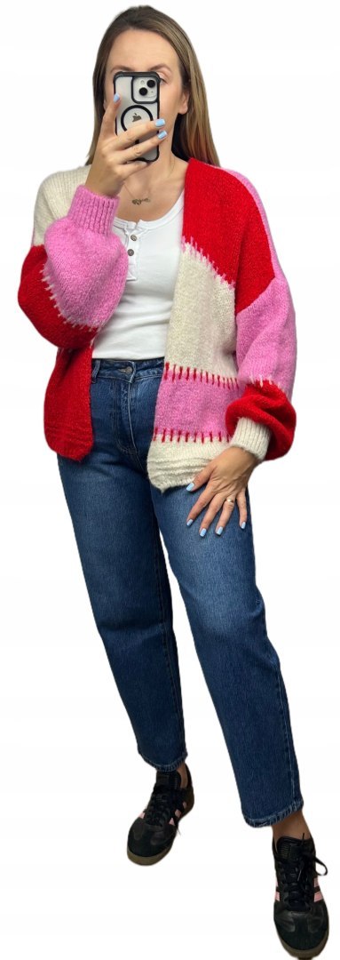 Sweter kardigan oversize bufiaste rękawy różowy czerwony śmietana wzorzysty - COLOR PATCH Sweter kardigan oversize bufiaste rękawy różowy czerwony śmietana wzorzysty - COLOR PATCH