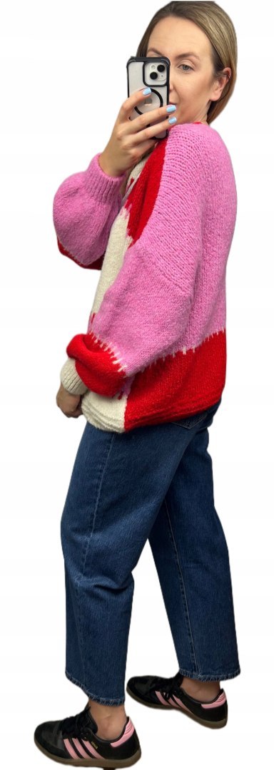 Sweter kardigan oversize bufiaste rękawy różowy czerwony śmietana wzorzysty - COLOR PATCH Sweter kardigan oversize bufiaste rękawy różowy czerwony śmietana wzorzysty - COLOR PATCH