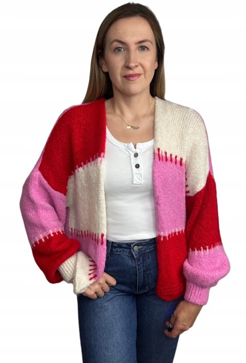 Sweter kardigan oversize bufiaste rękawy różowy czerwony śmietana wzorzysty - COLOR PATCH Sweter kardigan oversize bufiaste rękawy różowy czerwony śmietana wzorzysty - COLOR PATCH