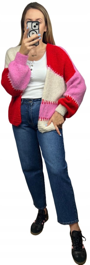 Sweter kardigan oversize bufiaste rękawy różowy czerwony śmietana wzorzysty - COLOR PATCH Sweter kardigan oversize bufiaste rękawy różowy czerwony śmietana wzorzysty - COLOR PATCH