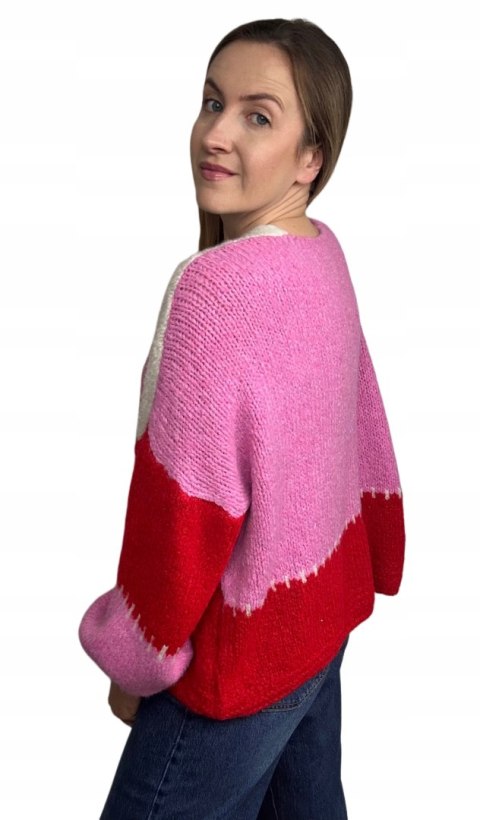 Sweter kardigan oversize bufiaste rękawy różowy czerwony śmietana wzorzysty - COLOR PATCH Sweter kardigan oversize bufiaste rękawy różowy czerwony śmietana wzorzysty - COLOR PATCH