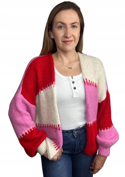 Sweter kardigan oversize bufiaste rękawy różowy czerwony śmietana wzorzysty - COLOR PATCH Sweter kardigan oversize bufiaste rękawy różowy czerwony śmietana wzorzysty - COLOR PATCH