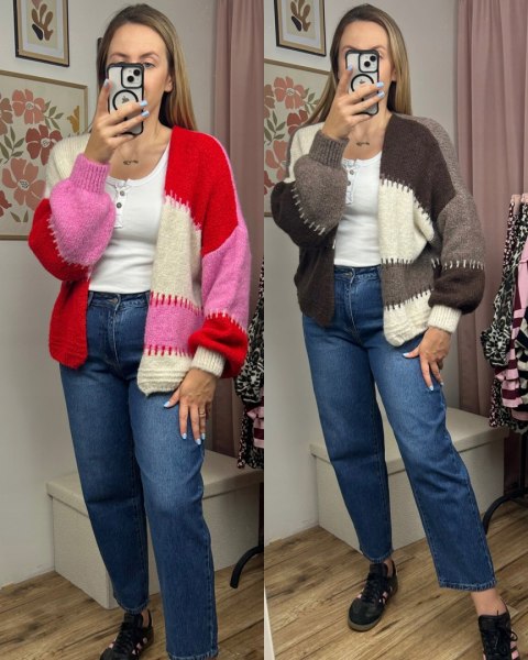 Sweter kardigan oversize bufiaste rękawy różowy czerwony śmietana wzorzysty - COLOR PATCH Sweter kardigan oversize bufiaste rękawy różowy czerwony śmietana wzorzysty - COLOR PATCH