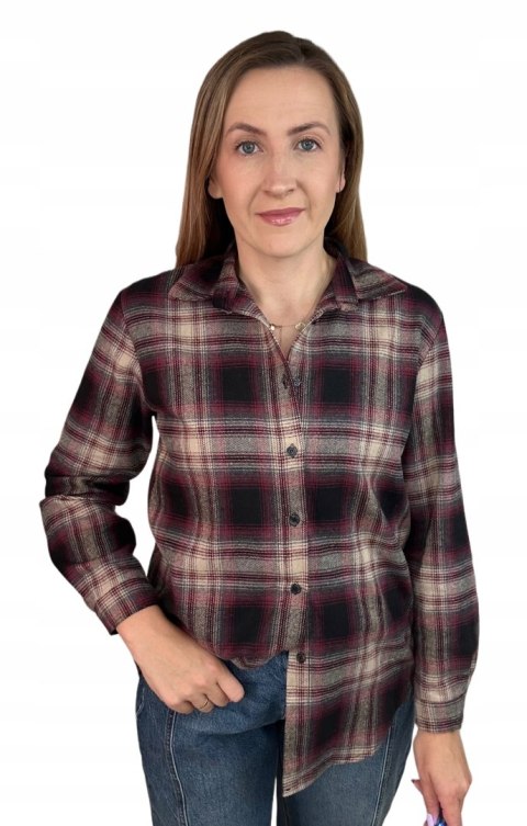 Bawełniana koszula flanelowa w kratę kratkę luźna bordowa beżowa- FLANELLA