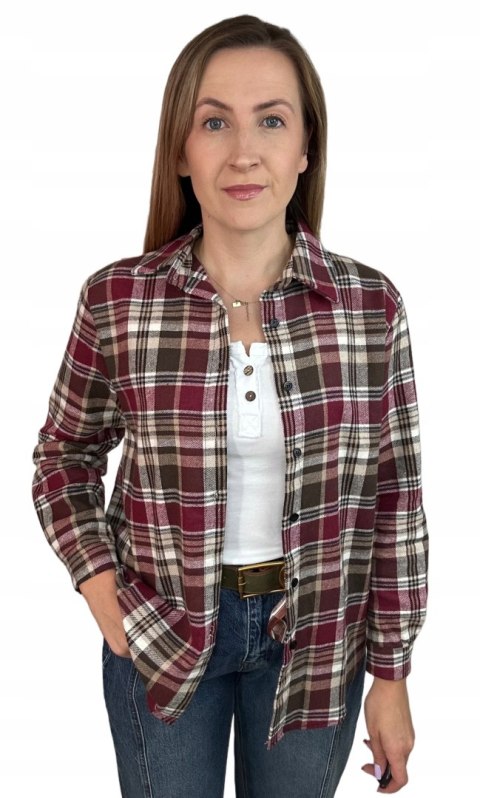 Bawełniana koszula flanelowa w kratę kratkę luźna brązowa bordowa- FLANELLA
