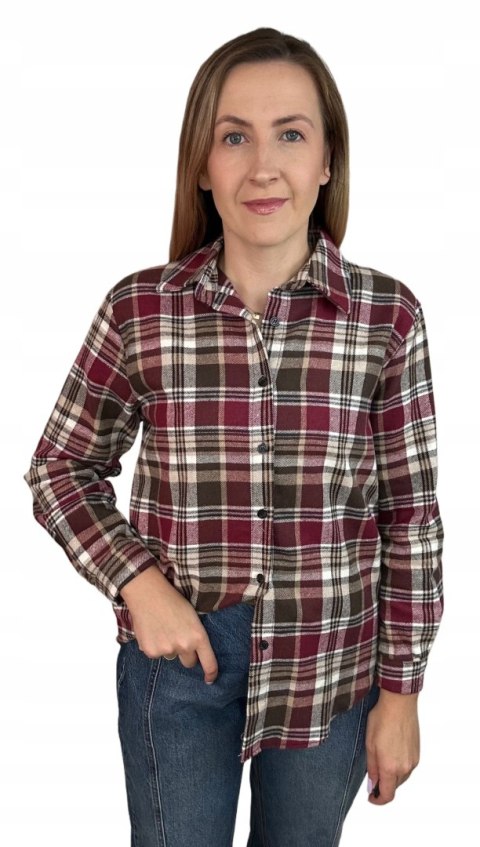 Bawełniana koszula flanelowa w kratę kratkę luźna brązowa bordowa- FLANELLA