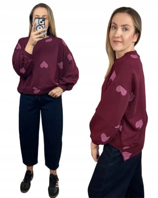 Bordowa czerwona luźna bluza bawełniana oversize serduszka serca Azara- HEARTBEAT