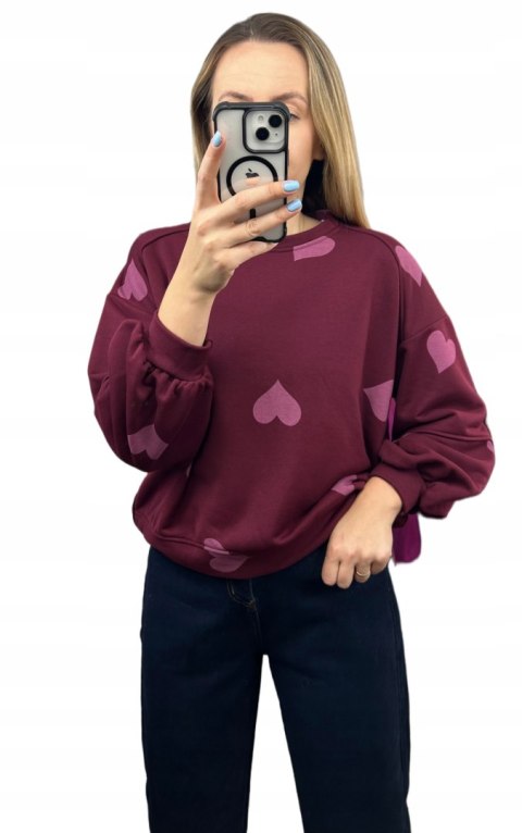 Bordowa czerwona luźna bluza bawełniana oversize serduszka serca Azara- HEARTBEAT