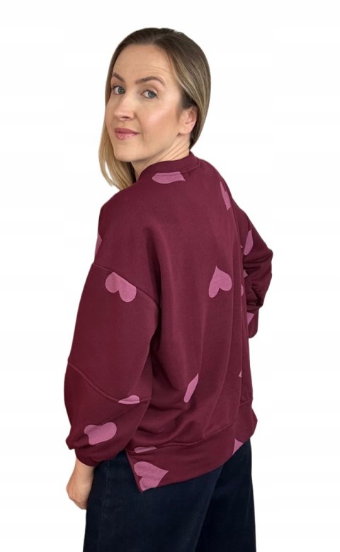 Bordowa czerwona luźna bluza bawełniana oversize serduszka serca Azara- HEARTBEAT