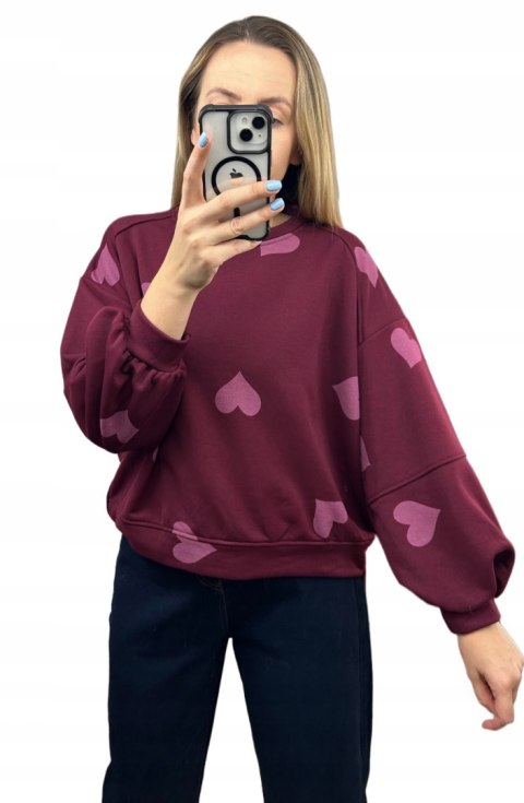 Bordowa czerwona luźna bluza bawełniana oversize serduszka serca Azara- HEARTBEAT