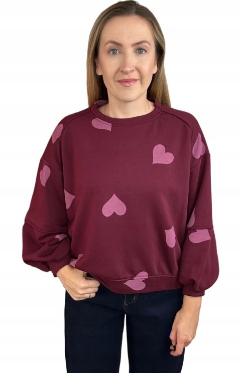 Bordowa czerwona luźna bluza bawełniana oversize serduszka serca Azara- HEARTBEAT