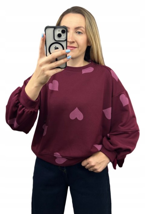 Bordowa czerwona luźna bluza bawełniana oversize serduszka serca Azara- HEARTBEAT