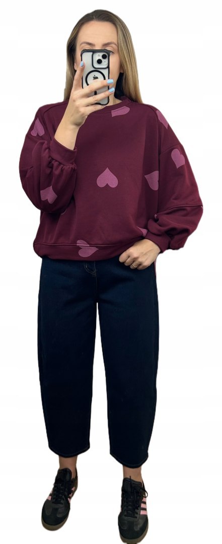 Bordowa czerwona luźna bluza bawełniana oversize serduszka serca Azara- HEARTBEAT