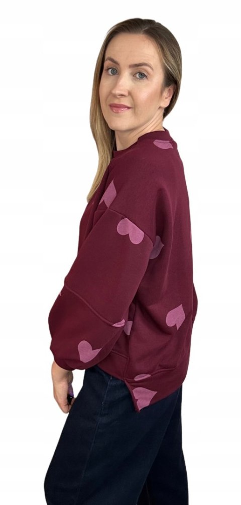 Bordowa czerwona luźna bluza bawełniana oversize serduszka serca Azara- HEARTBEAT