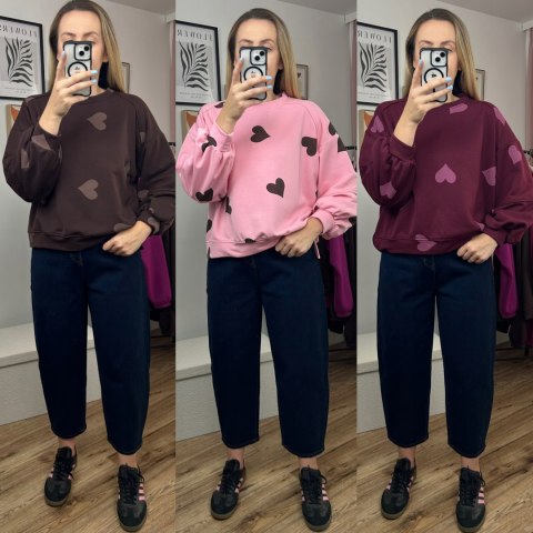 Bordowa czerwona luźna bluza bawełniana oversize serduszka serca Azara- HEARTBEAT