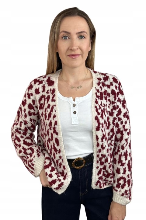 Bordowy sweter kardigan panterka pantera cętki szersze rękawy beżowy LEO CARDI