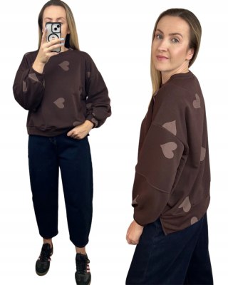 Czekoladowa brązowa luźna bluza bawełniana oversize serduszka serca Azara- HEARTBEATT