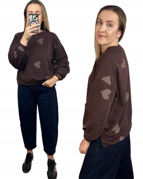 Czekoladowa brązowa luźna bluza bawełniana oversize serduszka serca Azara- HEARTBEATT