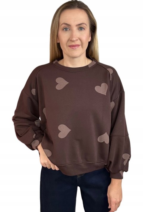 Czekoladowa brązowa luźna bluza bawełniana oversize serduszka serca Azara- HEARTBEATT