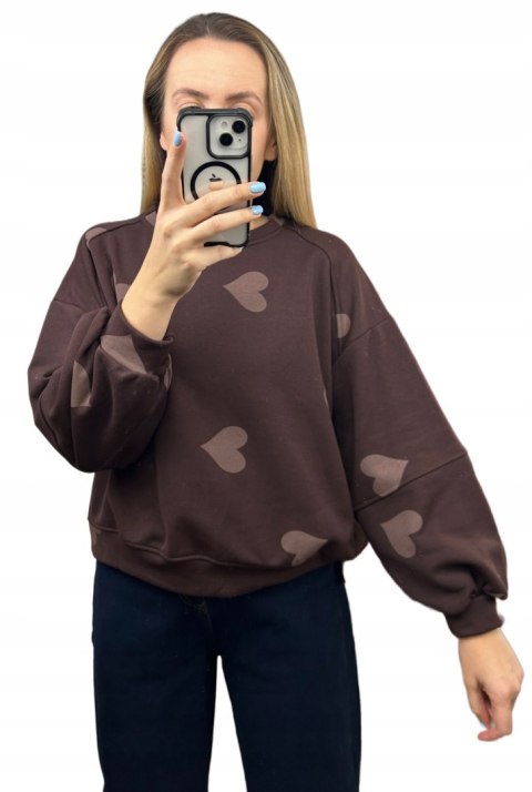 Czekoladowa brązowa luźna bluza bawełniana oversize serduszka serca Azara- HEARTBEATT