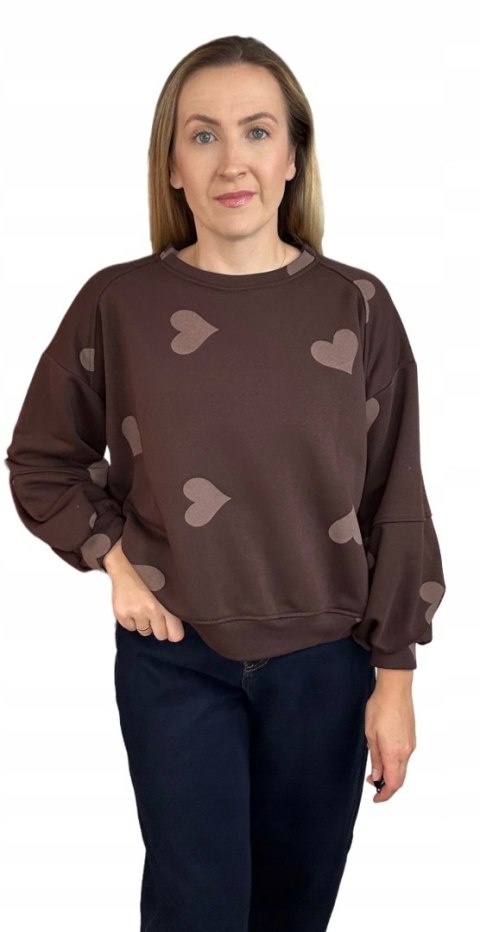 Czekoladowa brązowa luźna bluza bawełniana oversize serduszka serca Azara- HEARTBEATT