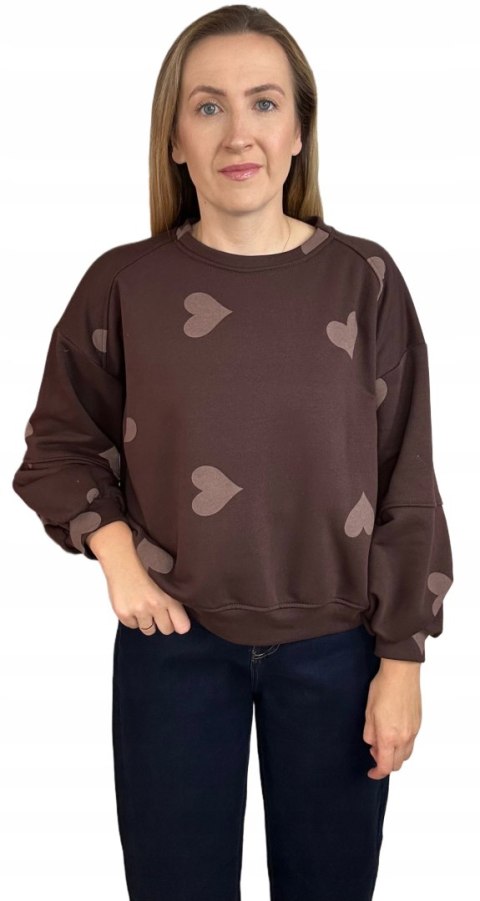 Czekoladowa brązowa luźna bluza bawełniana oversize serduszka serca Azara- HEARTBEATT