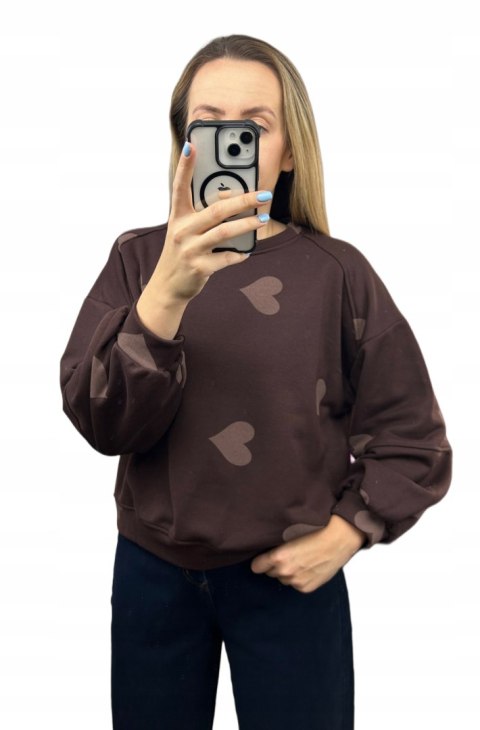 Czekoladowa brązowa luźna bluza bawełniana oversize serduszka serca Azara- HEARTBEATT