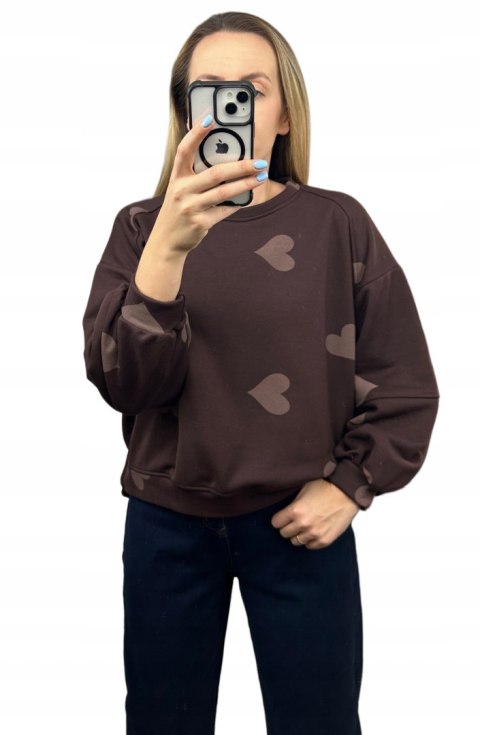 Czekoladowa brązowa luźna bluza bawełniana oversize serduszka serca Azara- HEARTBEATT