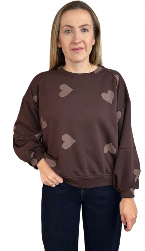 Czekoladowa brązowa luźna bluza bawełniana oversize serduszka serca Azara- HEARTBEATT