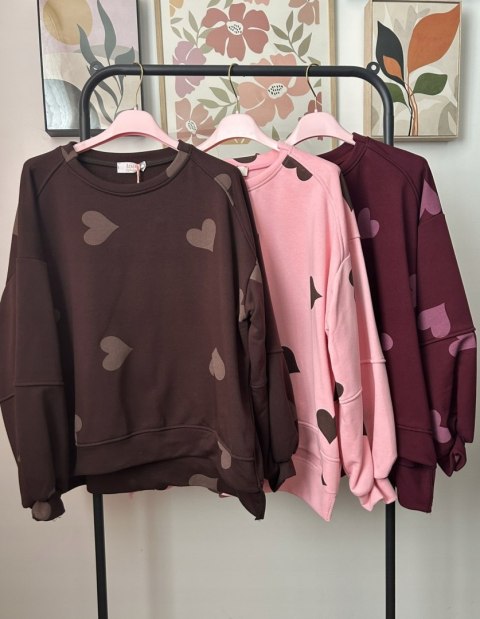 Czekoladowa brązowa luźna bluza bawełniana oversize serduszka serca Azara- HEARTBEATT