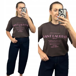 Czekoladowy brązowy oversize t-shirt bawełniany Millagro- SAINT LAURENT