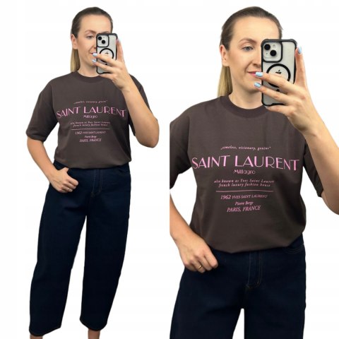 Czekoladowy brązowy oversize t-shirt bawełniany Millagro- SAINT LAURENT