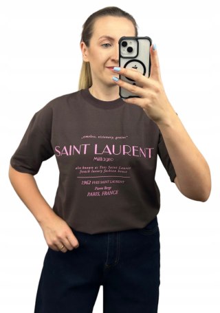 Czekoladowy brązowy oversize t-shirt bawełniany Millagro- SAINT LAURENT