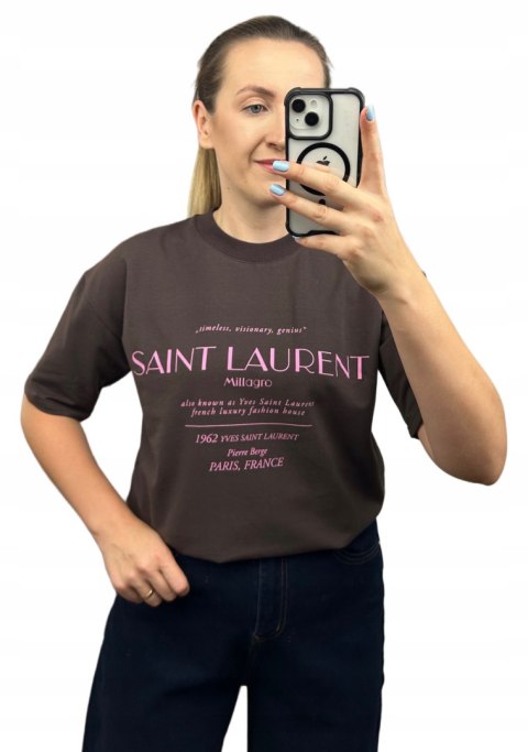 Czekoladowy brązowy oversize t-shirt bawełniany Millagro- SAINT LAURENT
