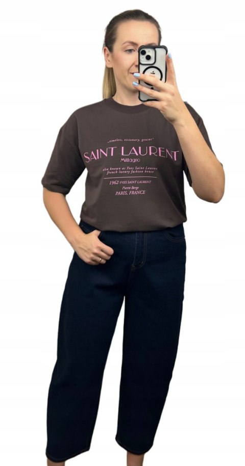 Czekoladowy brązowy oversize t-shirt bawełniany Millagro- SAINT LAURENT