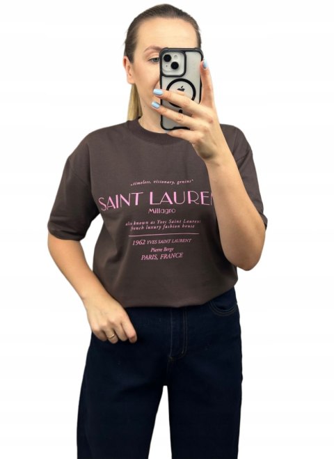 Czekoladowy brązowy oversize t-shirt bawełniany Millagro- SAINT LAURENT