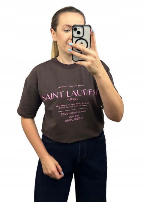 Czekoladowy brązowy oversize t-shirt bawełniany Millagro- SAINT LAURENT