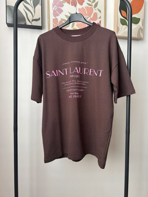 Czekoladowy brązowy oversize t-shirt bawełniany Millagro- SAINT LAURENT