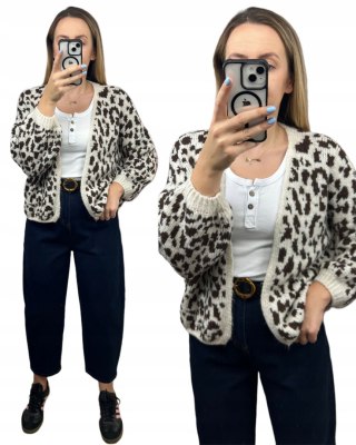 Czekoladowy sweter kardigan panterka pantera cętki szersze rękawy beżowy LEO CARDI