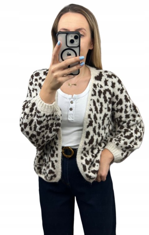 Czekoladowy sweter kardigan panterka pantera cętki szersze rękawy beżowy LEO CARDI